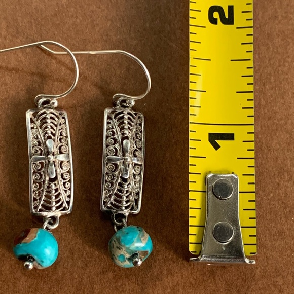 Sterling Silver Turquoise Filagree Dangle Earrings - Picture 3 of 5